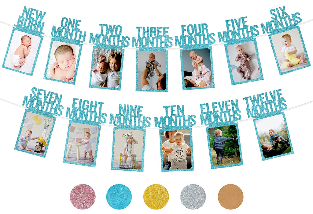PartyHooman 1st Birthday Photo Banner Blue – Pre-Strung Milestones 0–12 Months