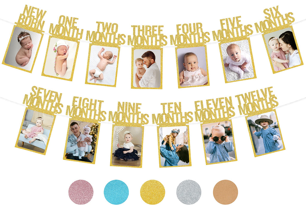 PartyHooman 1st Birthday Photo Banner – Pre-Strung, Frames & Newborn Card (Gold)