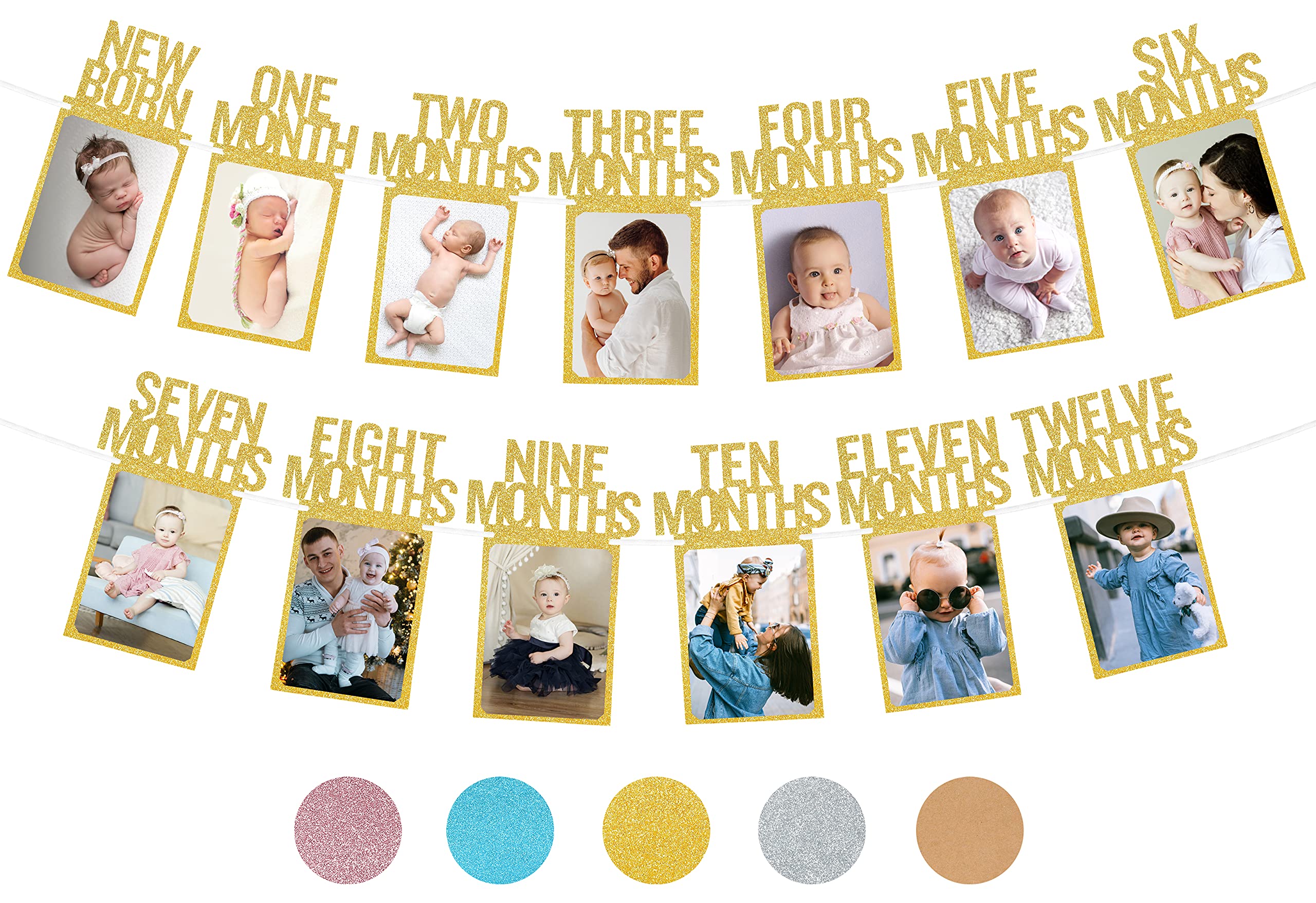 PartyHooman 1st Birthday Photo Banner – Pre-Strung, Frames & Newborn Card (Gold)