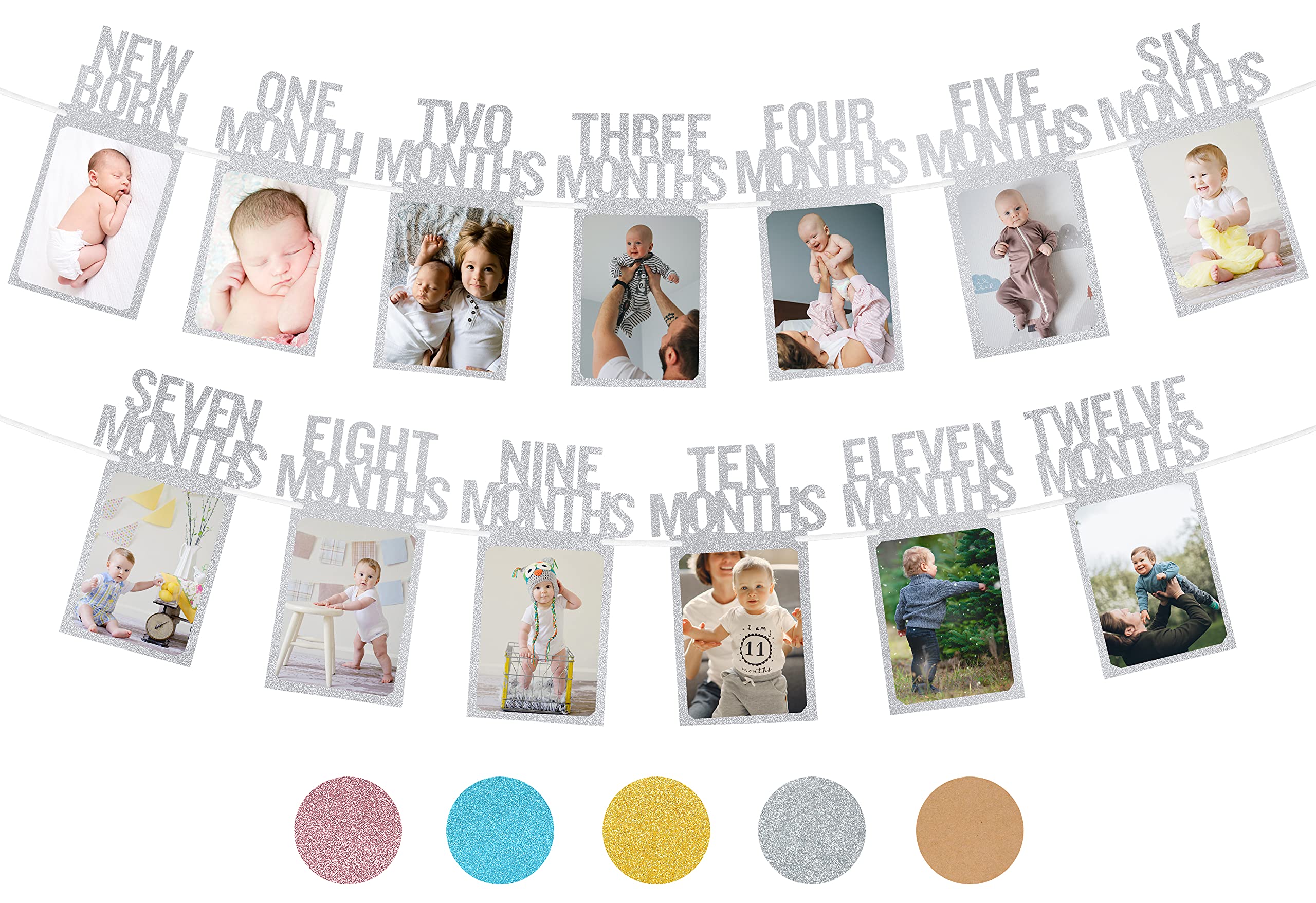PartyHooman 1st Birthday Photo Banner — Pre-strung Silver Frame, Newborn to 12 Months Milestones