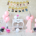 PartyHooman 1st Birthday Photo Banner – Pre-Strung, Frames & Newborn Card (Gold)