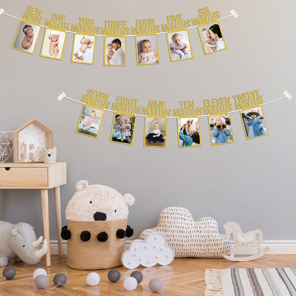 PartyHooman 1st Birthday Photo Banner – Pre-Strung, Frames & Newborn Card (Gold)