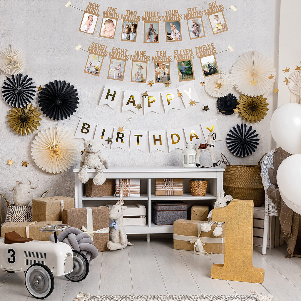 PartyHooman 1st Birthday Photo Banner — Newborn to 12 Months (Kraft)