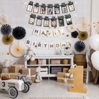 PartyHooman 1st Birthday Photo Banner with Frames – 0-12 Months Milestones Garland (Black)
