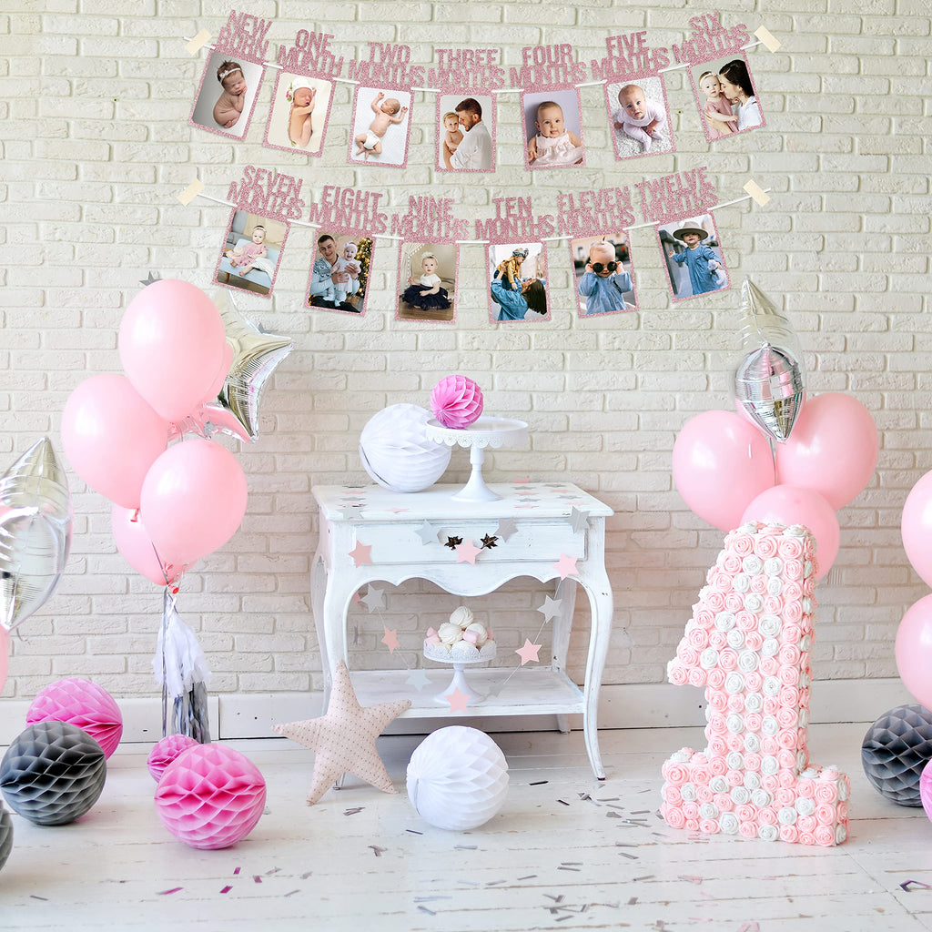 PartyHooman 1st Birthday Photo Banner for Baby – Pre-strung Milestones Garland (0-12 Months) Rose Gold