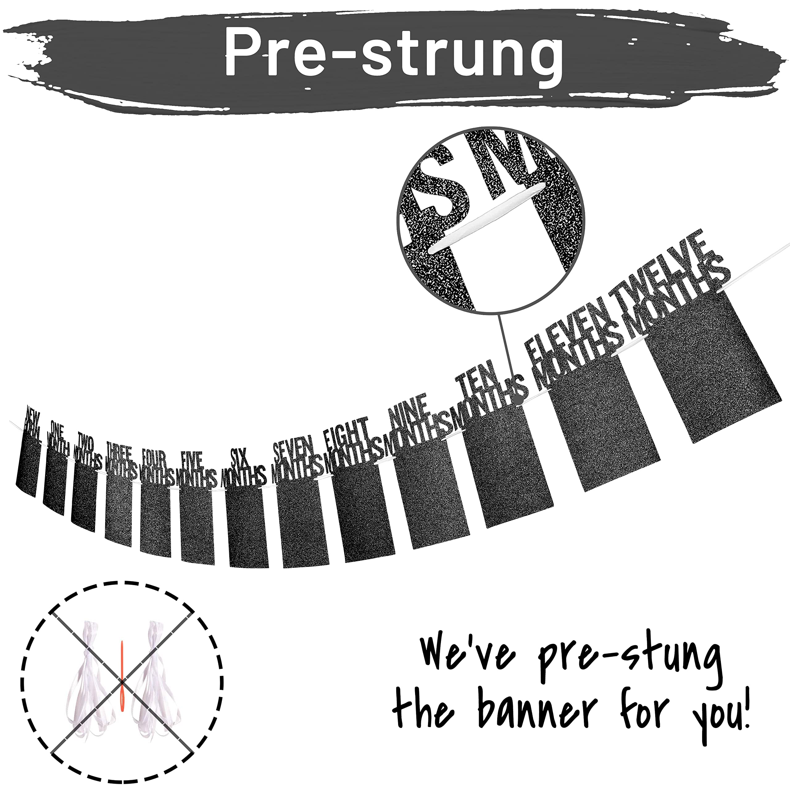 PartyHooman 1st Birthday Photo Banner with Frames – 0-12 Months Milestones Garland (Black)