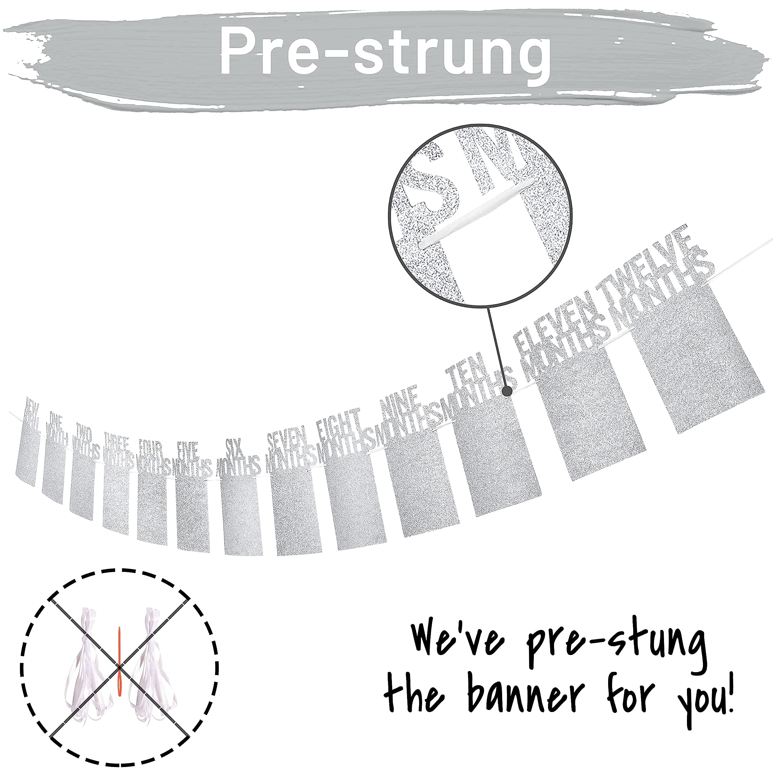 PartyHooman 1st Birthday Photo Banner — Pre-strung Silver Frame, Newborn to 12 Months Milestones