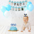 PartyHooman 1st Birthday Photo Banner Blue – Pre-Strung Milestones 0–12 Months