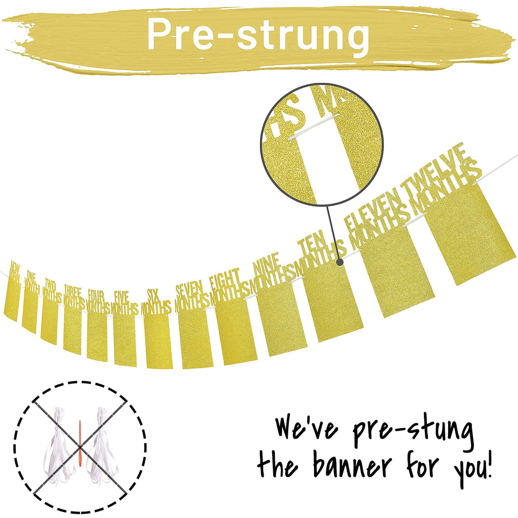 PartyHooman 1st Birthday Photo Banner – Pre-Strung, Frames & Newborn Card (Gold)