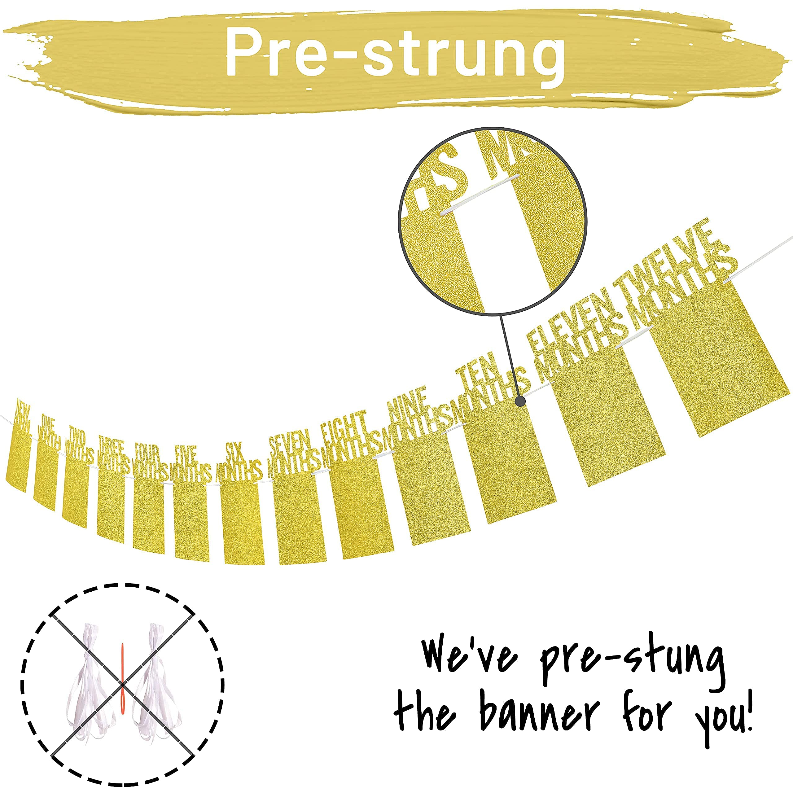 PartyHooman 1st Birthday Photo Banner – Pre-Strung, Frames & Newborn Card (Gold)