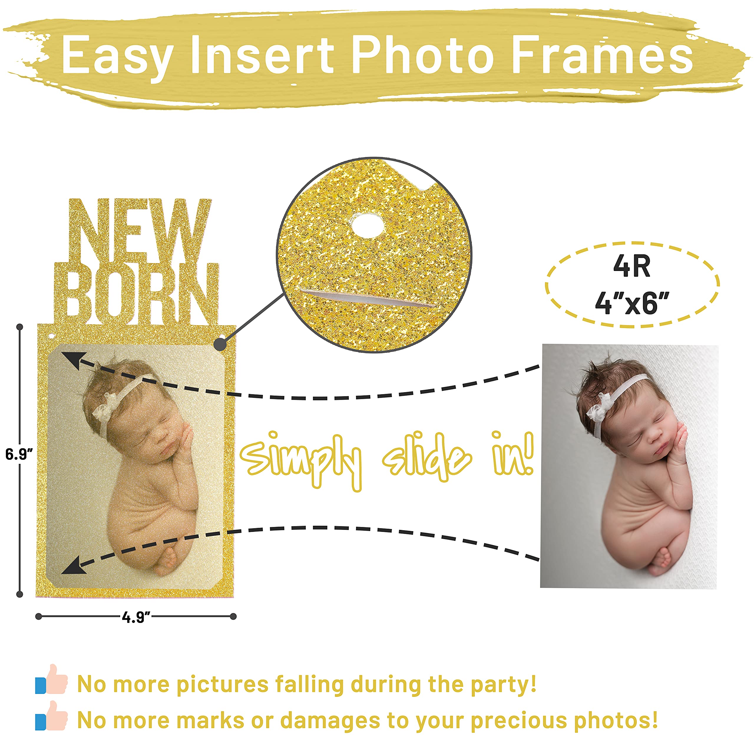 PartyHooman 1st Birthday Photo Banner – Pre-Strung, Frames & Newborn Card (Gold)