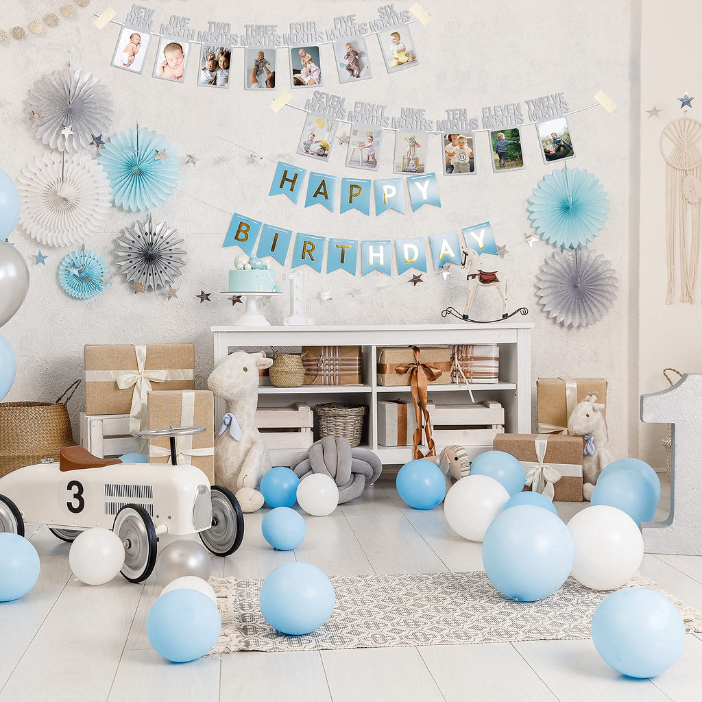 PartyHooman 1st Birthday Photo Banner — Pre-strung Silver Frame, Newborn to 12 Months Milestones