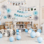 PartyHooman 1st Birthday Photo Banner — Pre-strung Silver Frame, Newborn to 12 Months Milestones
