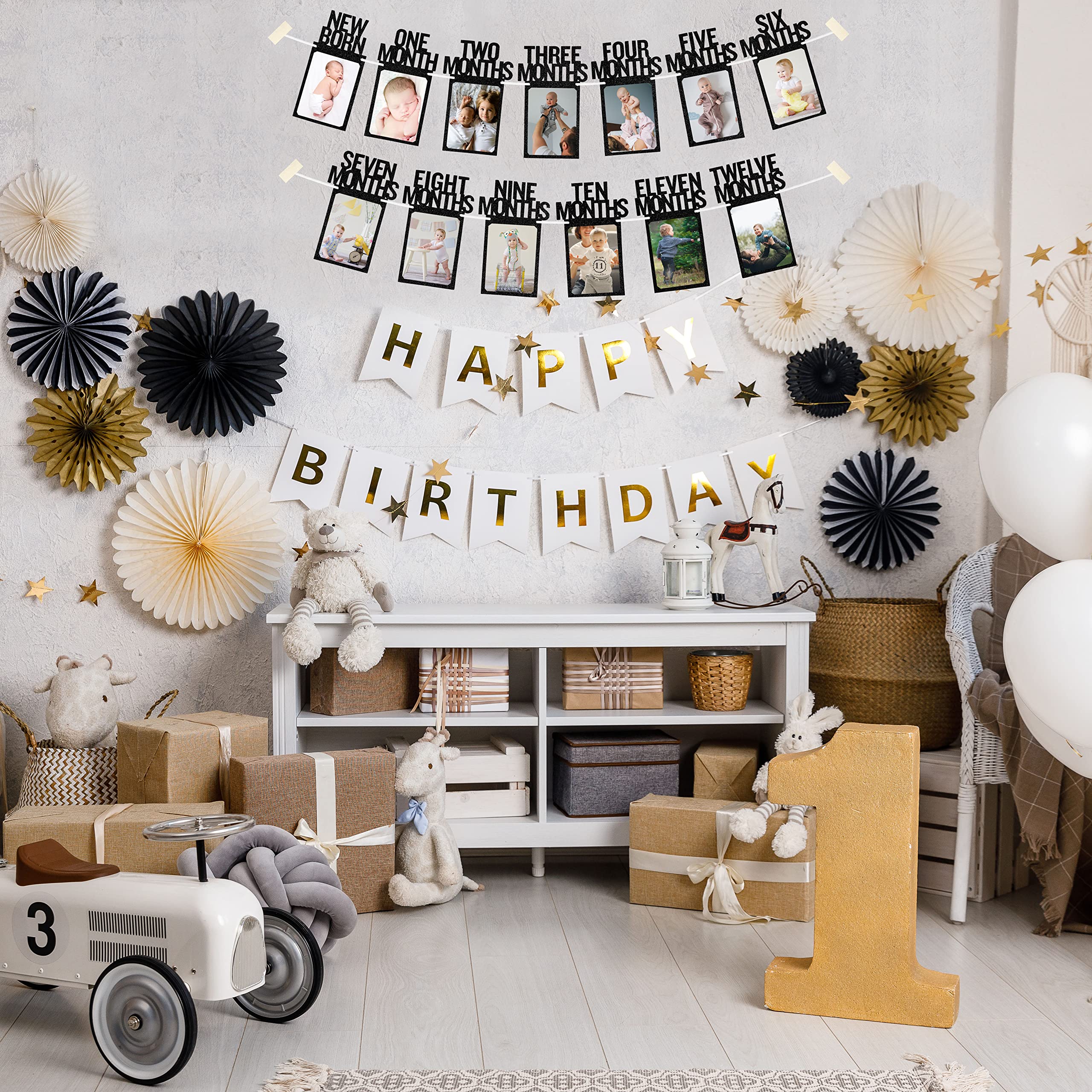 PartyHooman 1st Birthday Photo Banner with Frames – 0-12 Months Milestones Garland (Black)