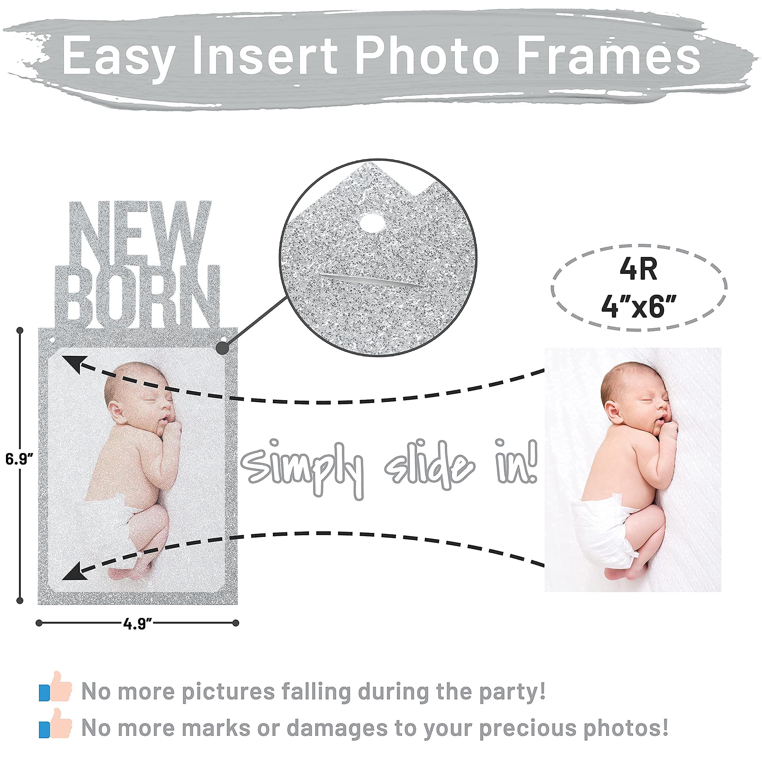 PartyHooman 1st Birthday Photo Banner — Pre-strung Silver Frame, Newborn to 12 Months Milestones