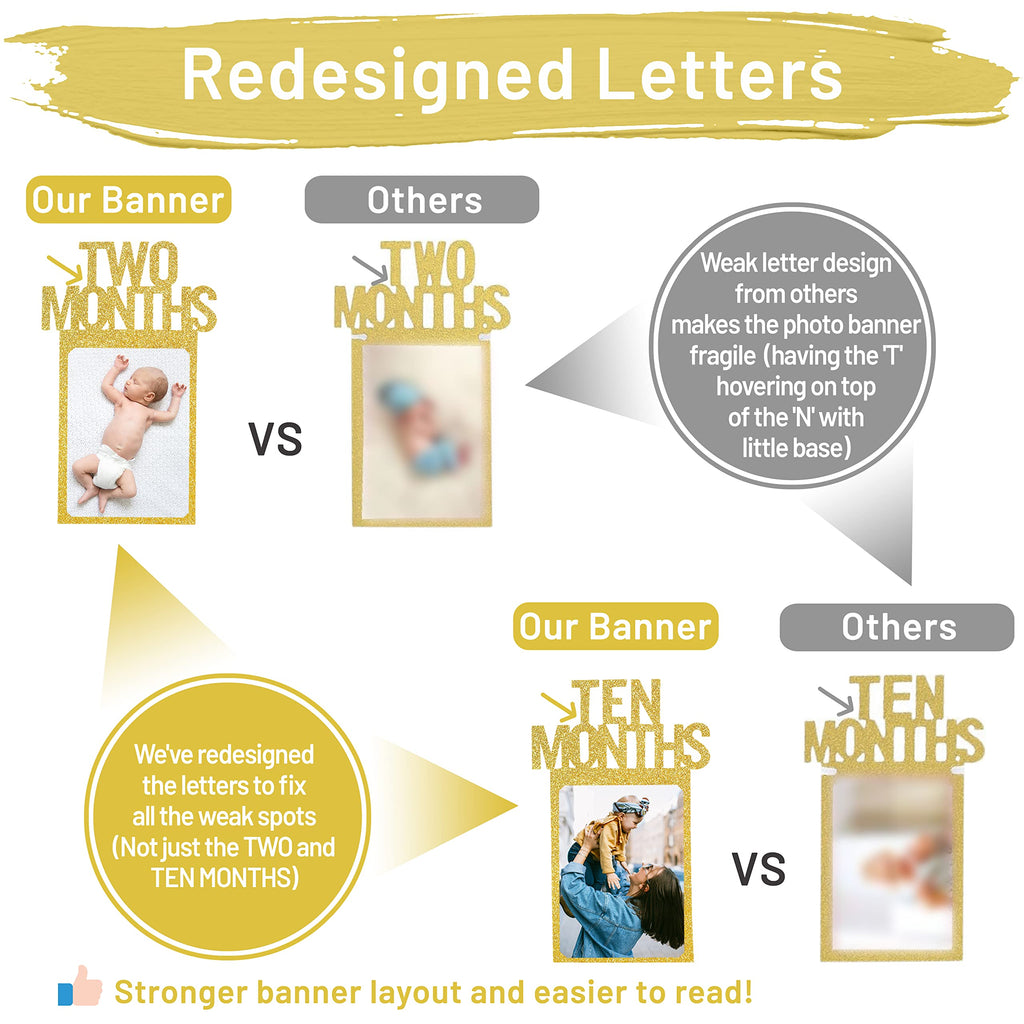 PartyHooman 1st Birthday Photo Banner – Pre-Strung, Frames & Newborn Card (Gold)