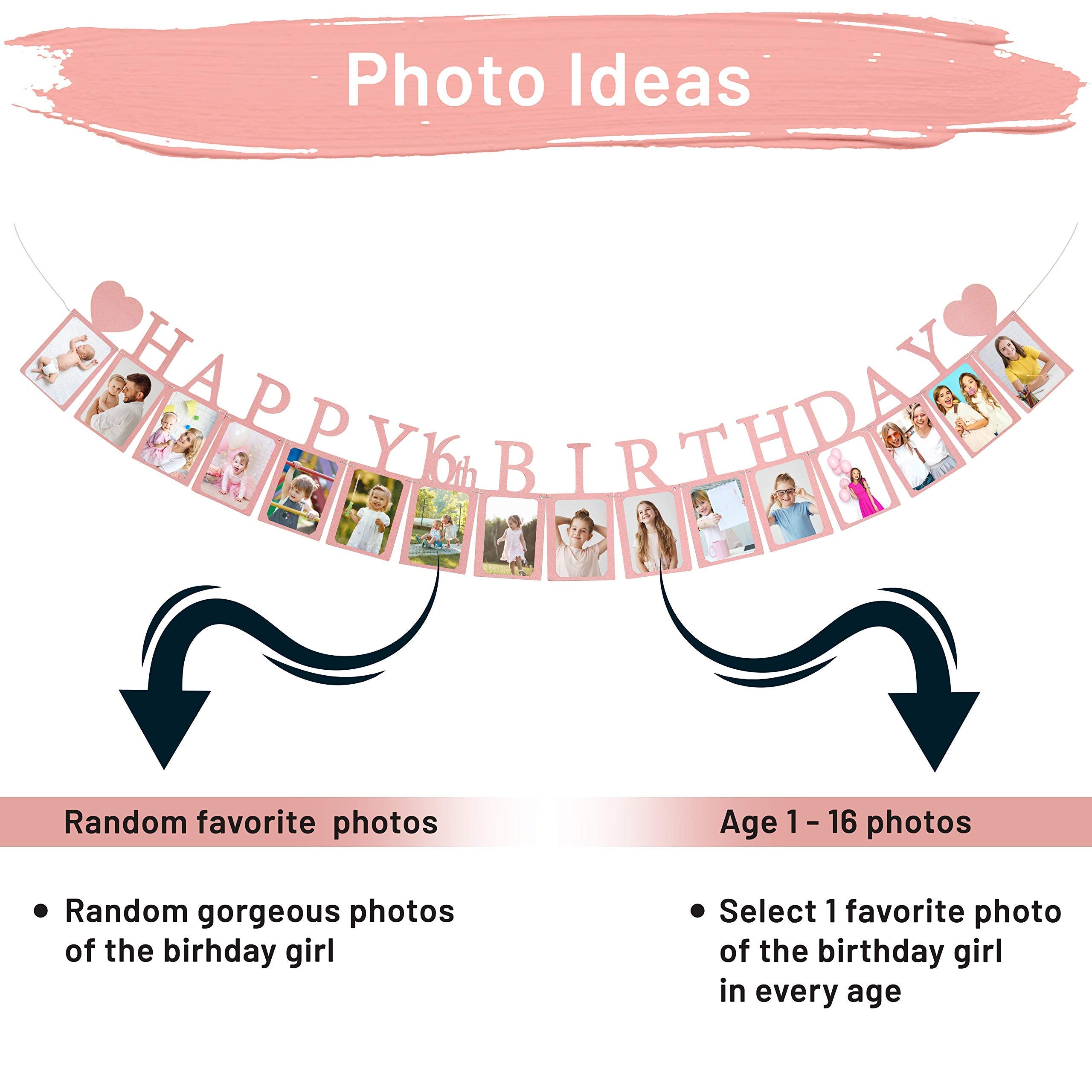 Sweet 16 Photo Banner in Rose Gold – Pre-assembled with 16 Frames | PartyHooman