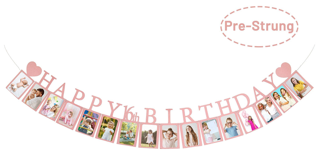 Sweet 16 Photo Banner in Rose Gold – Pre-assembled with 16 Frames | PartyHooman