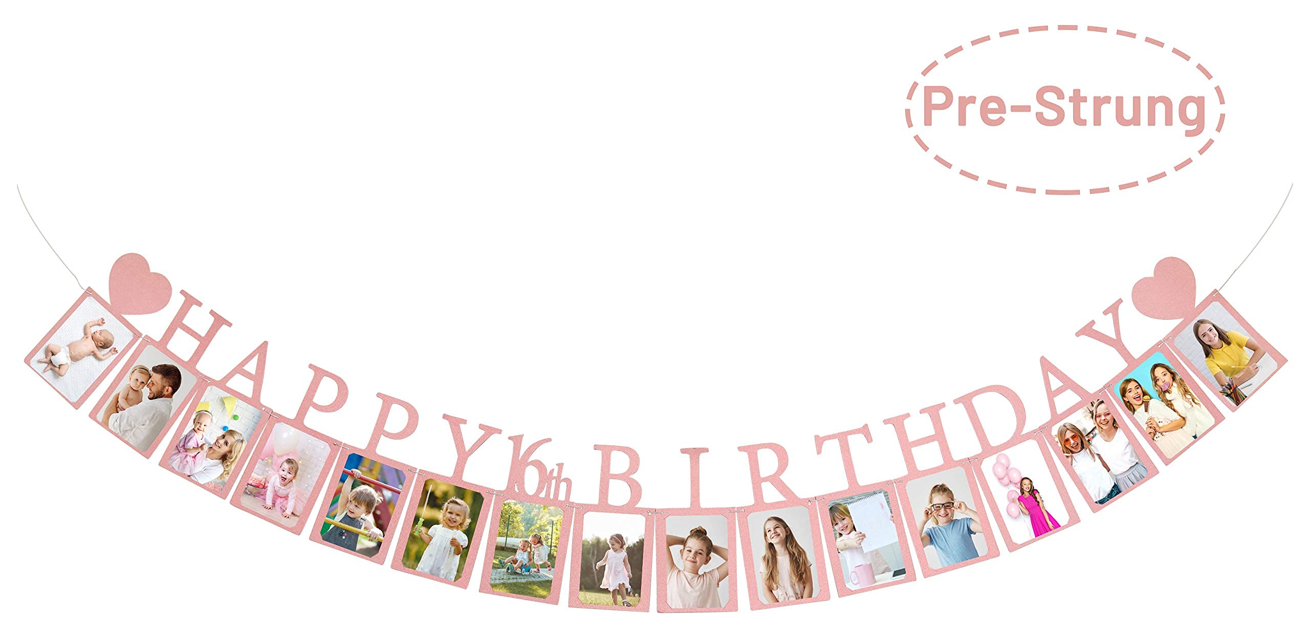 Sweet 16 Photo Banner in Rose Gold – Pre-assembled with 16 Frames | PartyHooman