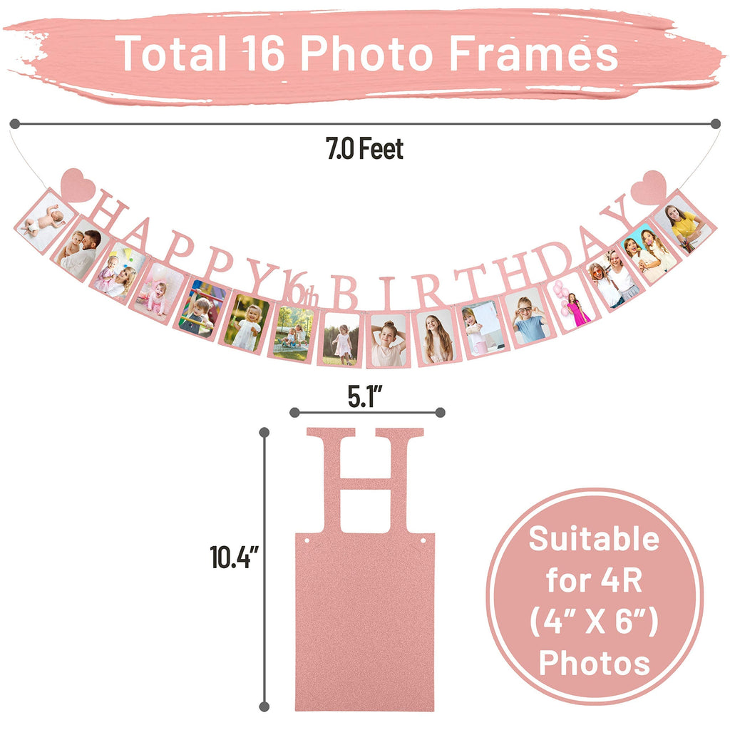 Sweet 16 Photo Banner in Rose Gold – Pre-assembled with 16 Frames | PartyHooman
