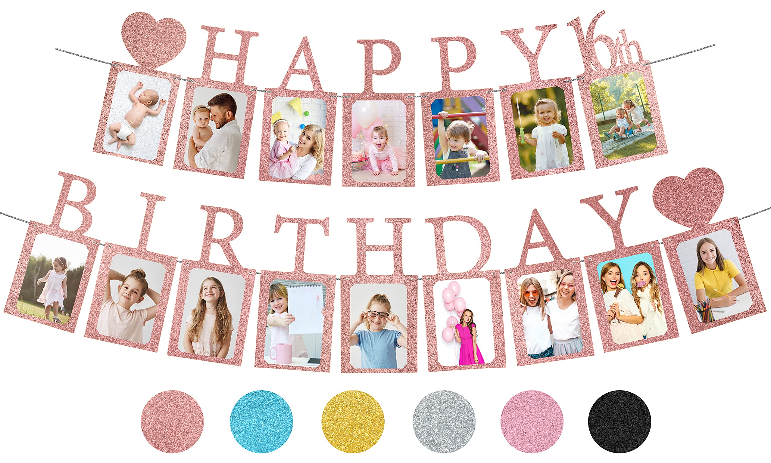 Sweet 16 Photo Banner in Rose Gold – Pre-assembled with 16 Frames | PartyHooman