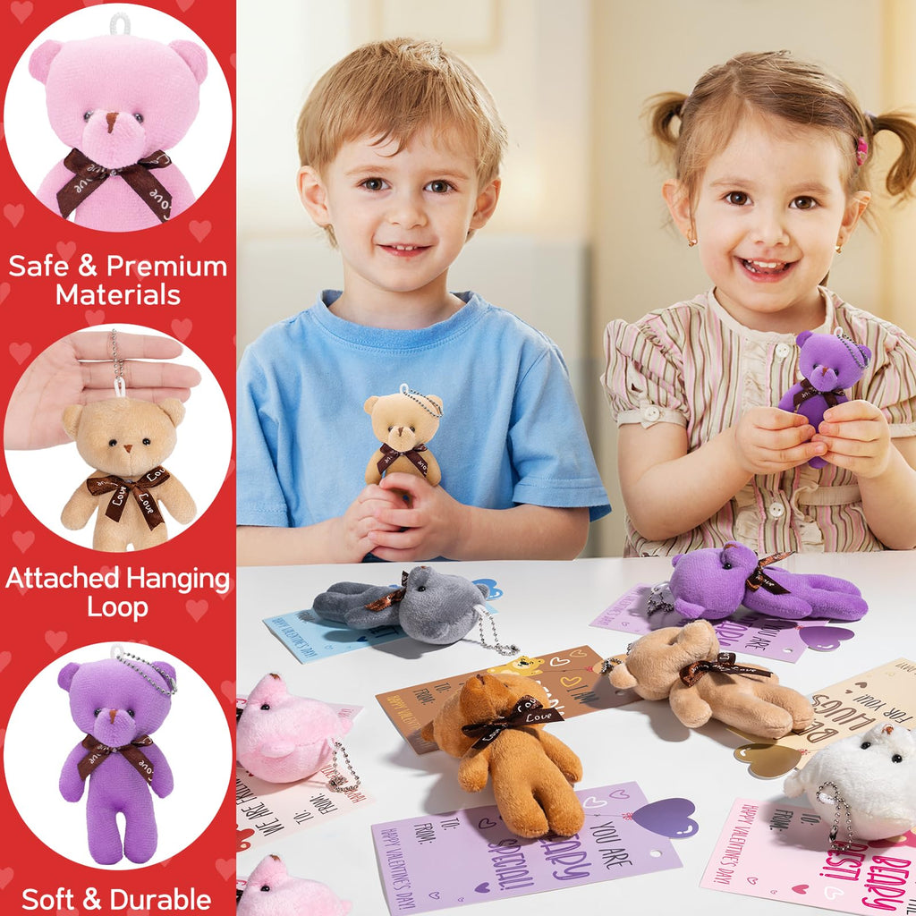 Partylamb Valentines Day Gifts for Kids — 24-Pack Mini Bear Keychains + Cards