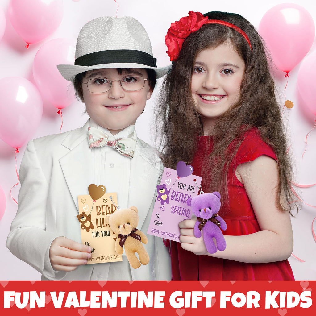 Partylamb Valentines Day Gifts for Kids — 24-Pack Mini Bear Keychains + Cards
