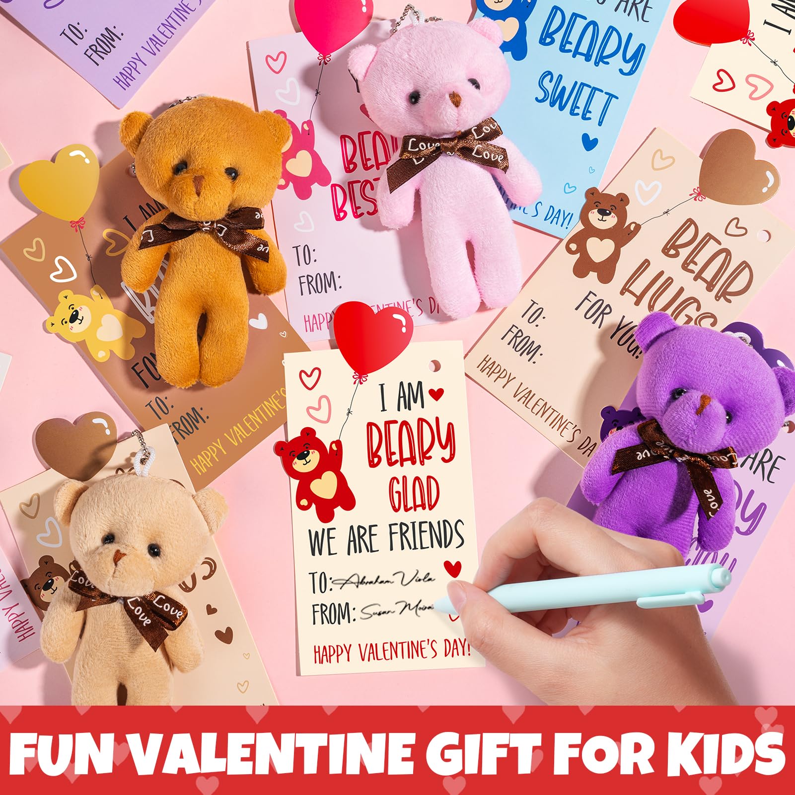 Partylamb Valentines Day Gifts for Kids — 24-Pack Mini Bear Keychains + Cards