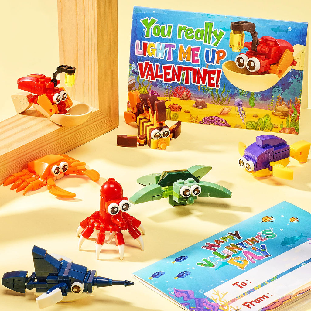 Partylamb Valentines Day Gifts for Kids – Sea Animals Building Blocks & Cards (24-Pack)