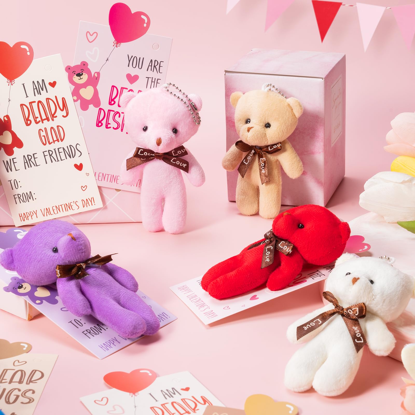 Partylamb Valentines Day Gifts for Kids — 24-Pack Mini Bear Keychains + Cards