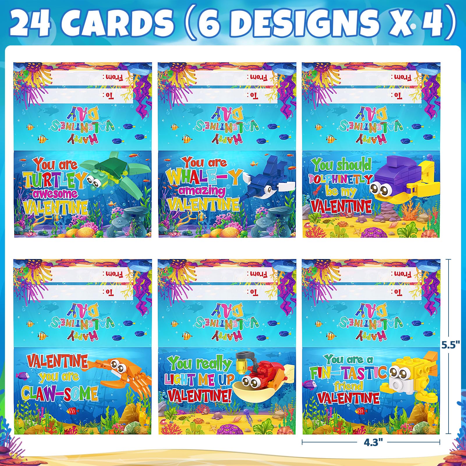 Partylamb Valentines Day Gifts for Kids – Sea Animals Building Blocks & Cards (24-Pack)