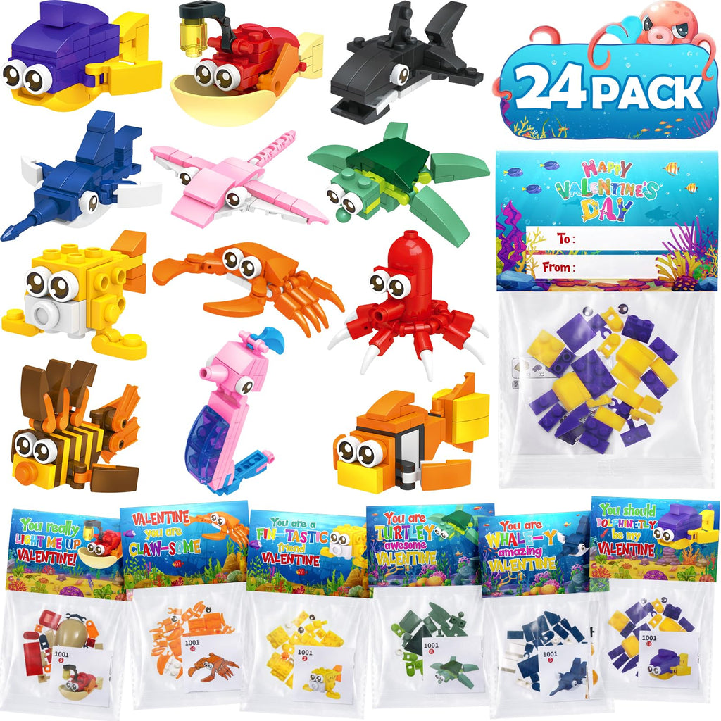 Partylamb Valentines Day Gifts for Kids – Sea Animals Building Blocks & Cards (24-Pack)