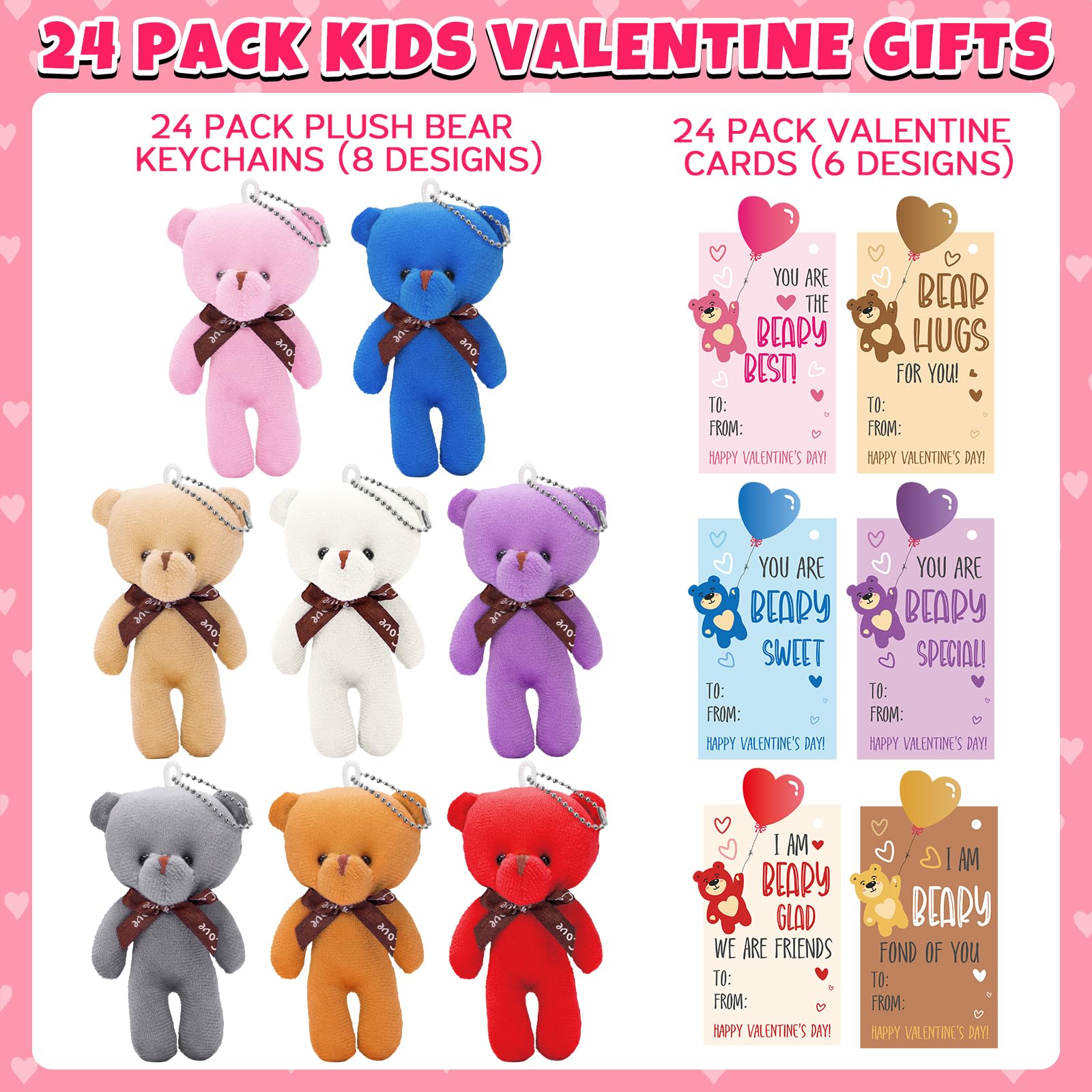 Partylamb Valentines Day Gifts for Kids — 24-Pack Mini Bear Keychains + Cards
