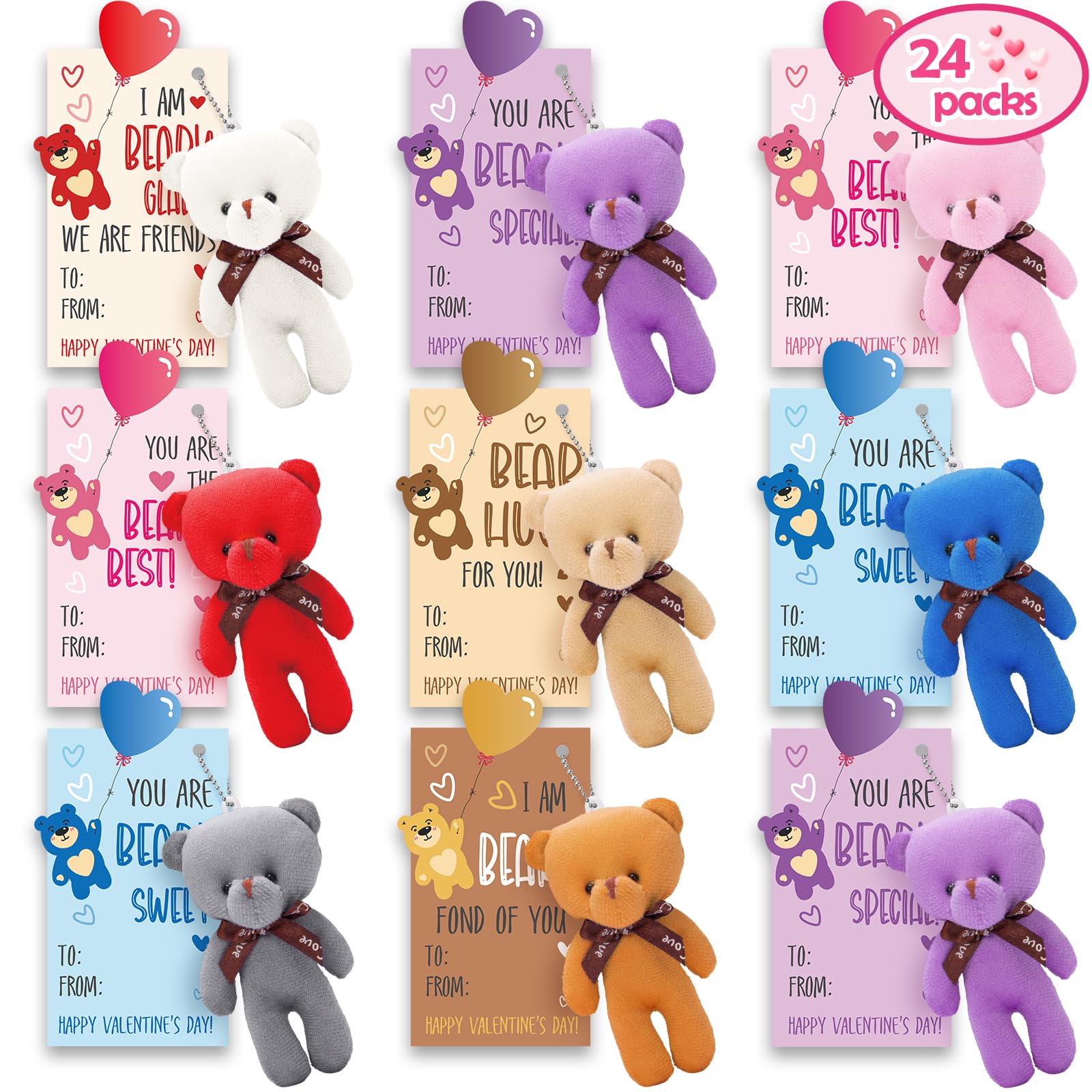 Partylamb Valentines Day Gifts for Kids — 24-Pack Mini Bear Keychains + Cards