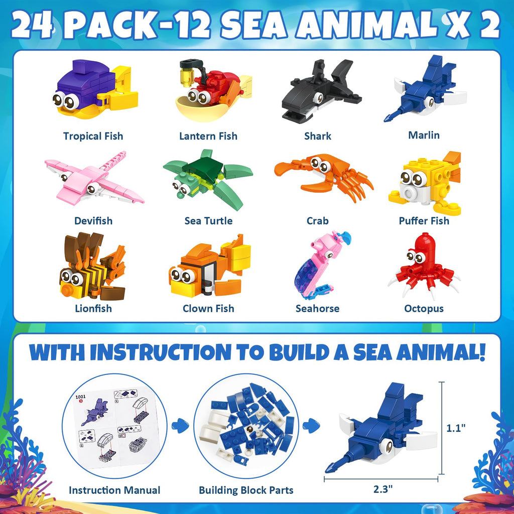 Partylamb Valentines Day Gifts for Kids – Sea Animals Building Blocks & Cards (24-Pack)