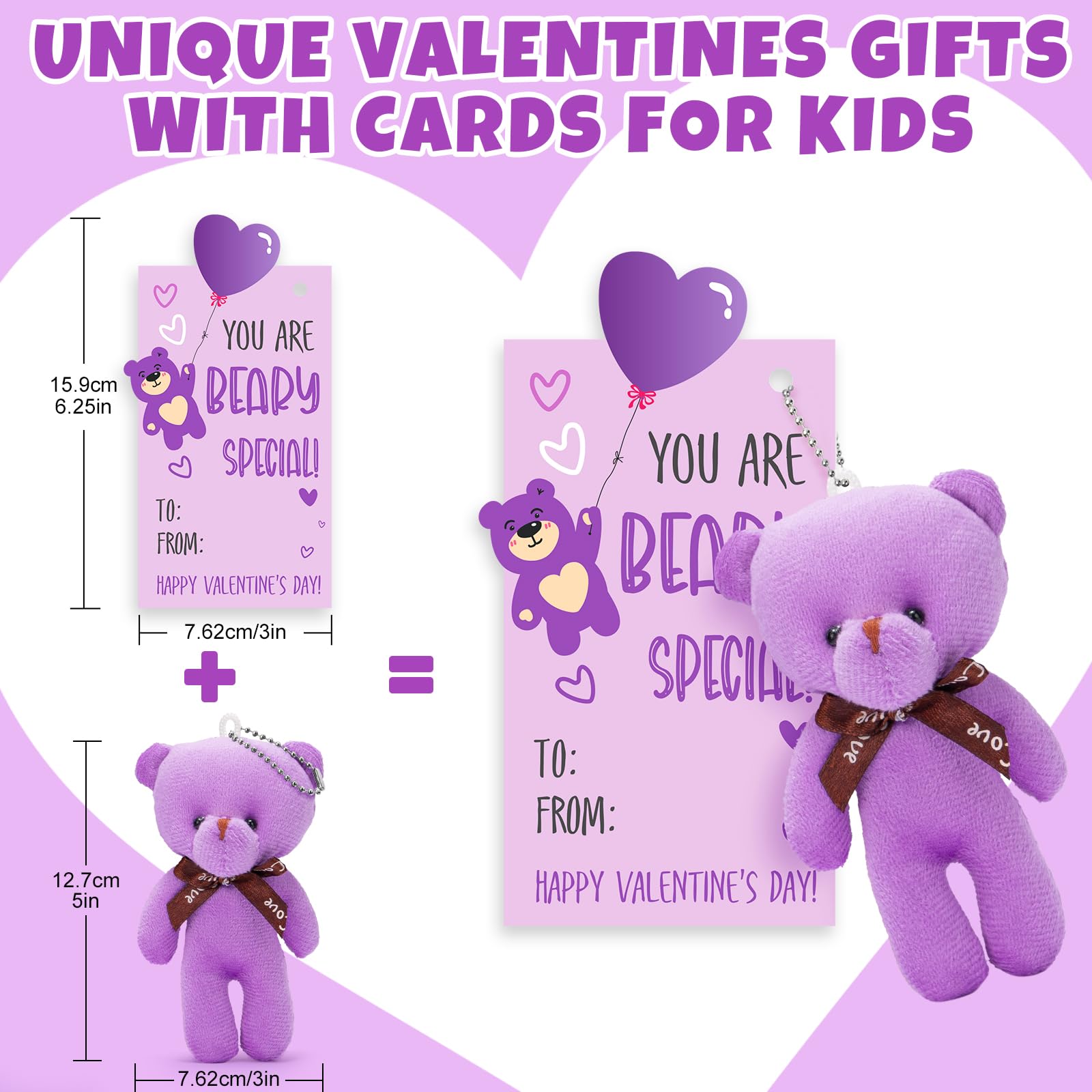 Partylamb Valentines Day Gifts for Kids — 24-Pack Mini Bear Keychains + Cards