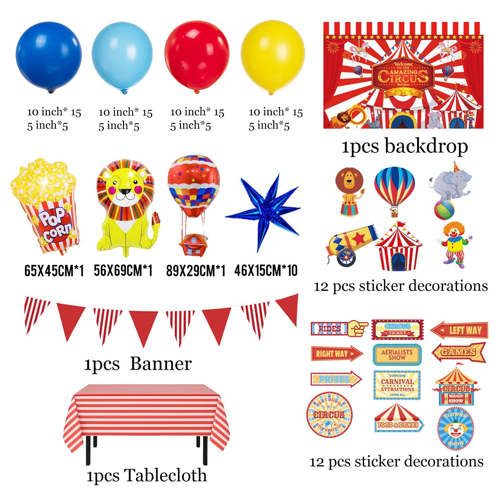 PartyMigo Carnival Theme Decorations – Balloons, Striped Banner, Backdrop & Signposts