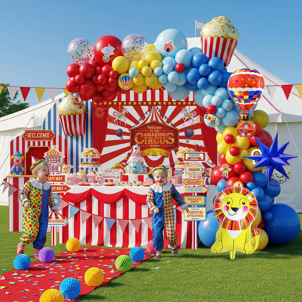 PartyMigo Carnival Theme Decorations – Balloons, Striped Banner, Backdrop & Signposts