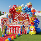 PartyMigo Carnival Theme Decorations – Balloons, Striped Banner, Backdrop & Signposts