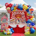 PartyMigo Carnival Theme Decorations – Balloons, Striped Banner, Backdrop & Signposts
