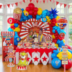 PartyMigo Carnival Theme Decorations – Balloons, Striped Banner, Backdrop & Signposts