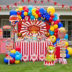 PartyMigo Carnival Theme Decorations – Balloons, Striped Banner, Backdrop & Signposts