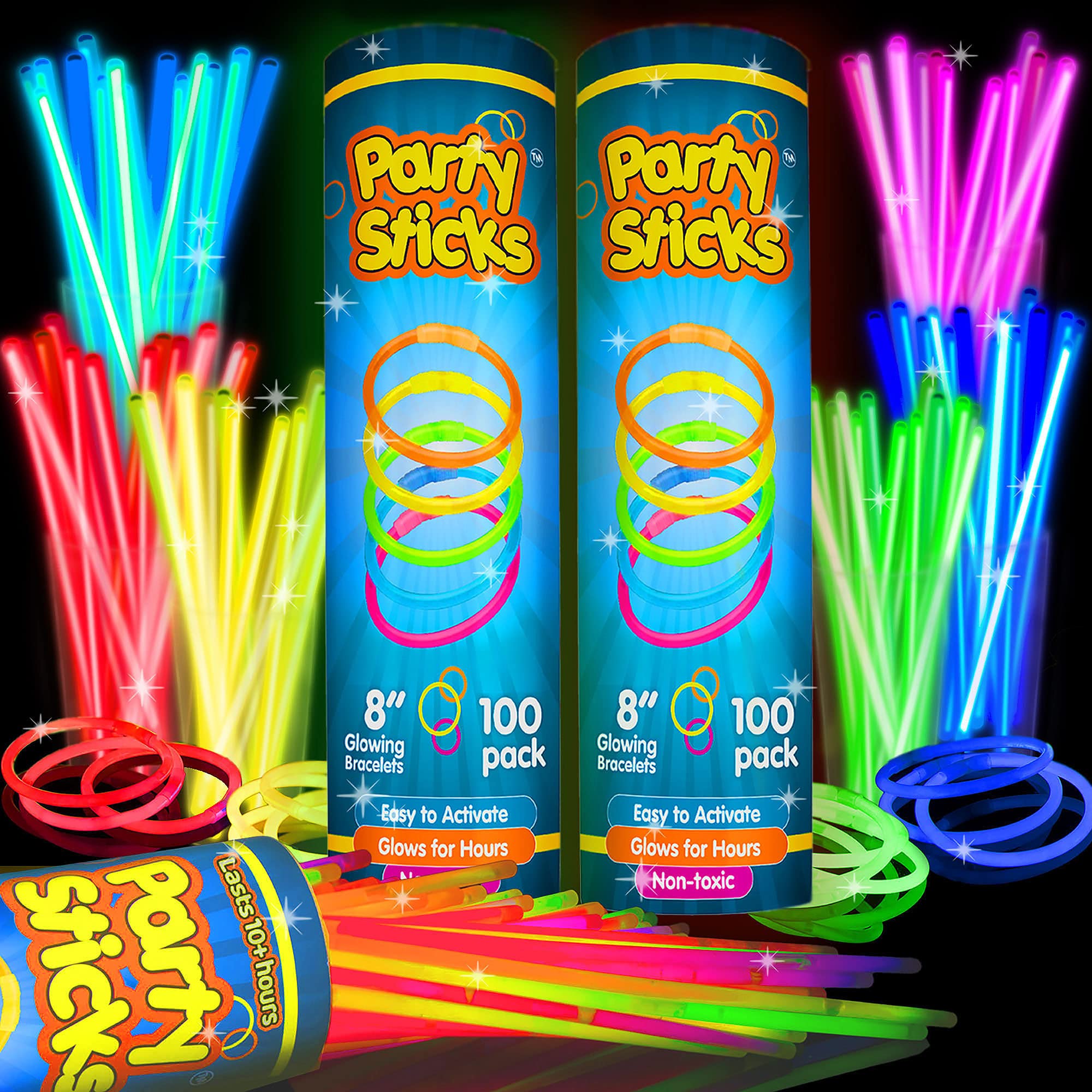 PartySticks Glow Sticks Bulk Neon Party Supplies – 200 x 8-Inch Neon Sticks with Connectors