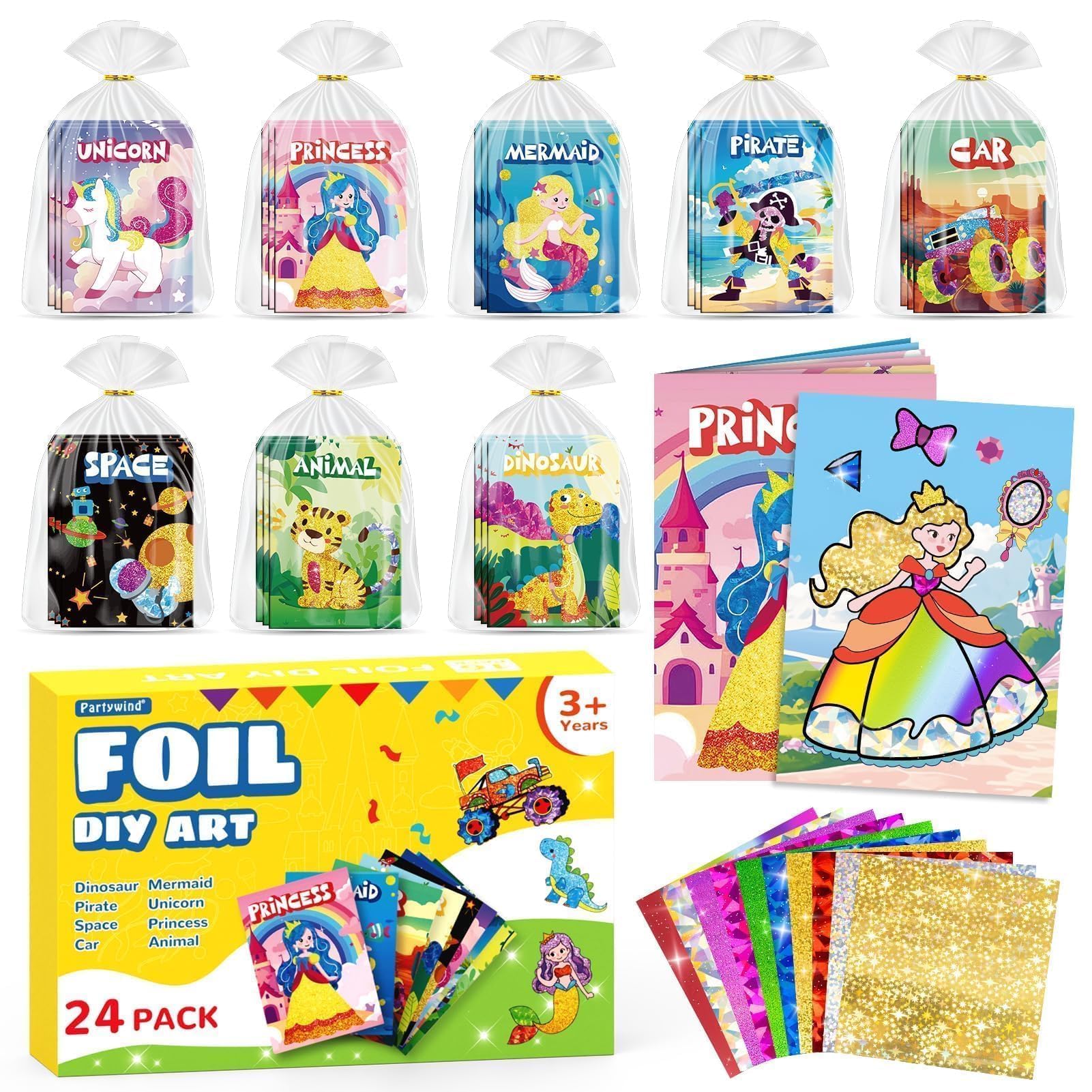 PARTYWIND 24-Pack Foil Art Books & Goodie Bags for Kids (Ages 4-8)
