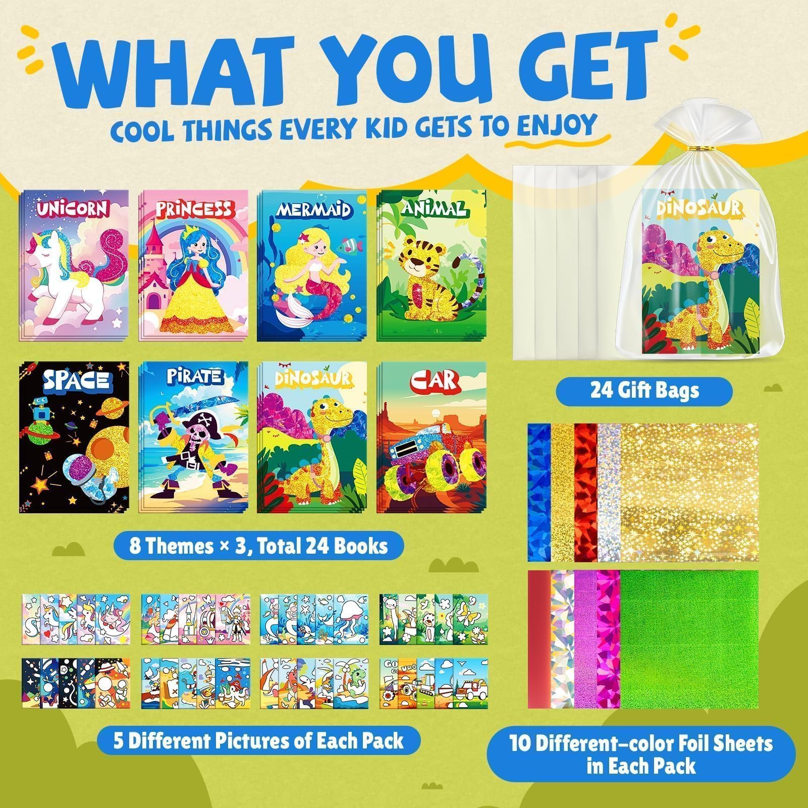 PARTYWIND 24-Pack Foil Art Books & Goodie Bags for Kids (Ages 4-8)