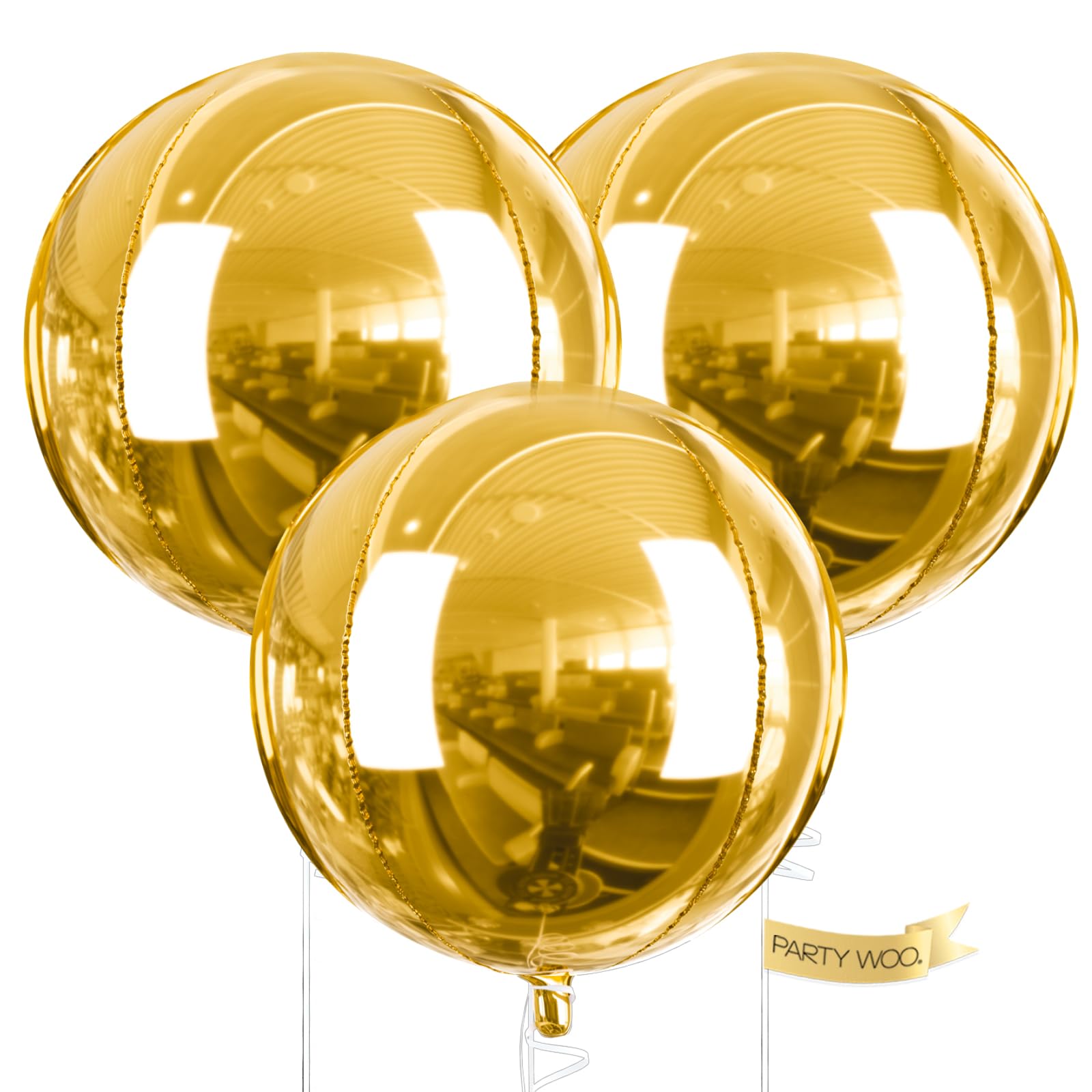 PartyWoo Metallic Gold 50-Inch 3-Pack 4D Mirror Ball Mylar Balloons