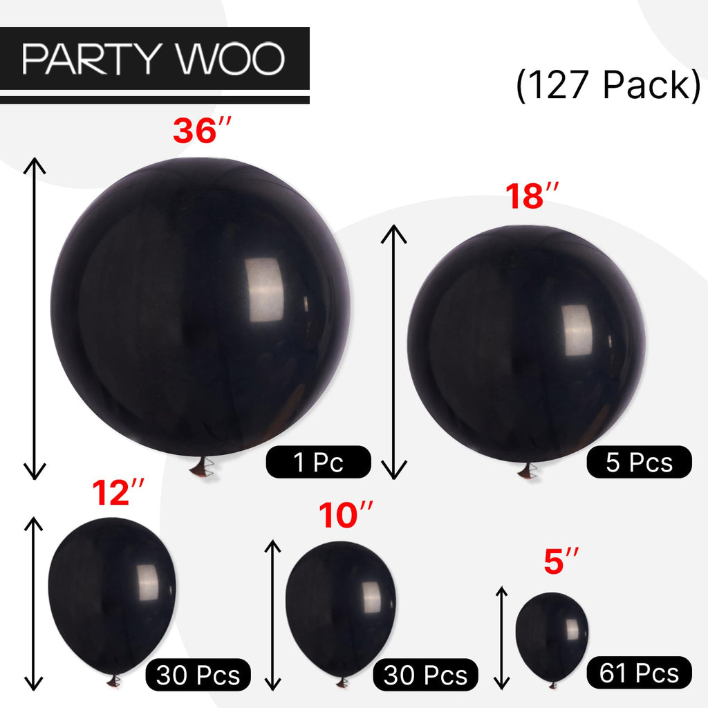PartyWoo Black Balloons – 127 Pcs Matte Latex Balloon Set for Arch Garlands (36/18/12/10/5 In)