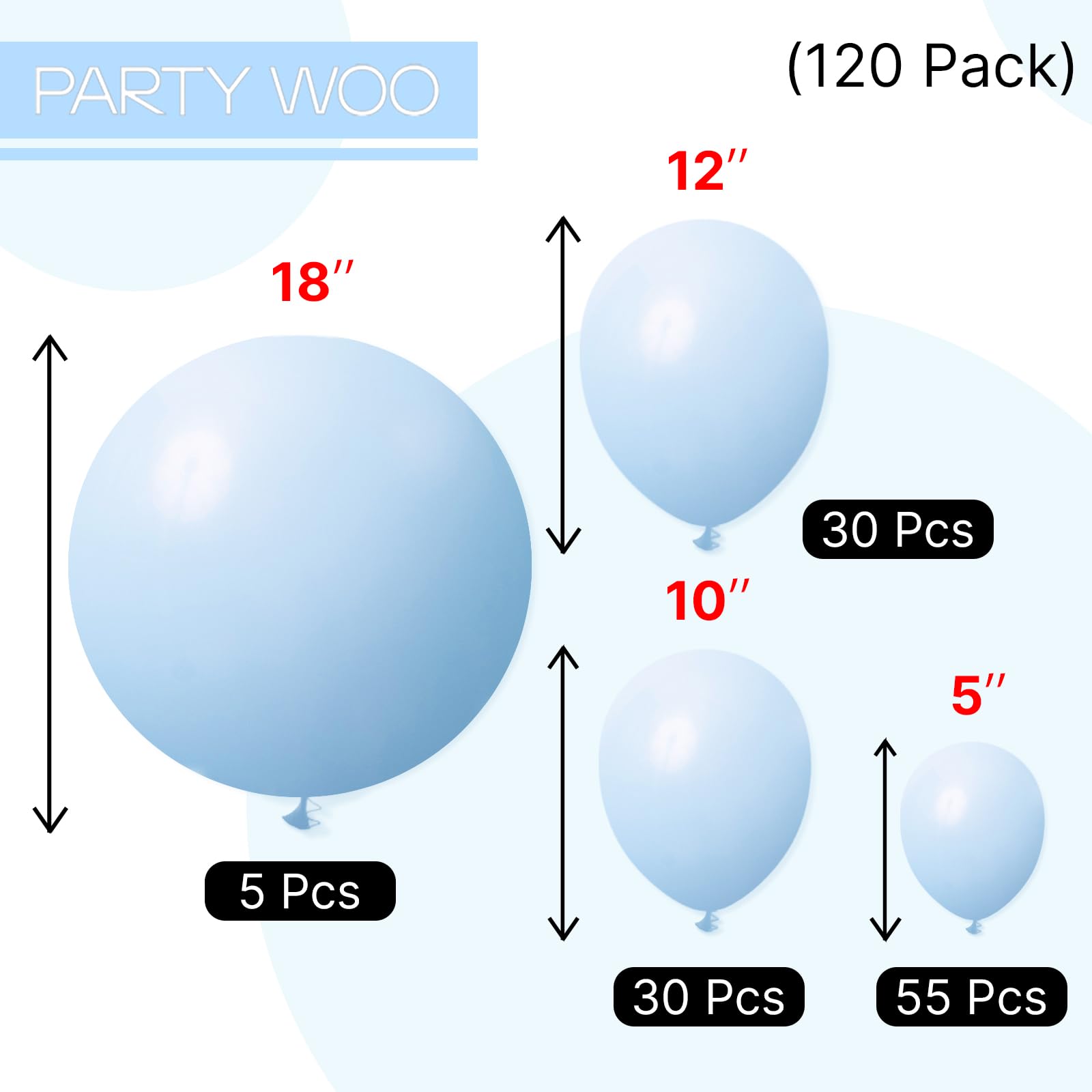 PartyWoo Baby Blue Balloons 120pcs – 18/12/10/5 Inch Arch Kit, Light Pastel Sky Aqua