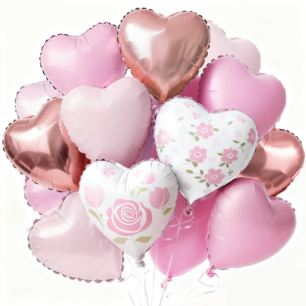 PartyWoo Valentine's Balloons - 15pcs, 18in Pink Rosegold Foil Heart Balloons for Romantic Occasions