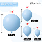 PartyWoo Light Blue Balloons 120pcs — 18in, 12in, 10in, 5in Arch Kit & Garland for Birthday, Baby Shower, Graduation